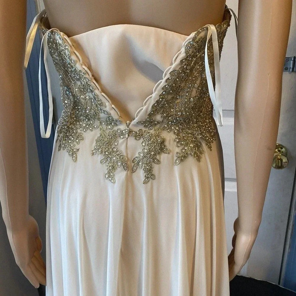 LENOVIA USA PROM DRESS Evening Gown Party Ivory Gold Lace Gemstone Midi Lady S - Picture 9 of 10